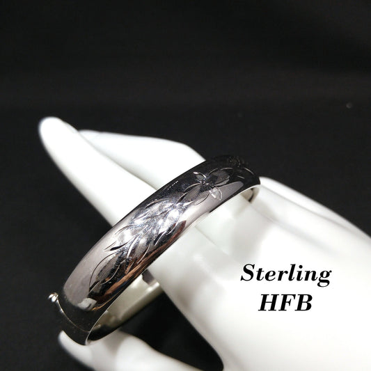 Sterling Silver H.F.B. Hinged Bracelet, Floral Design, 1940s Vintage Jewelry