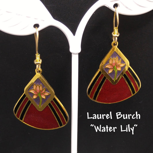 Vintage Laurel Burch "Water Lily" Earrings, Gold Plated, Red Enamel