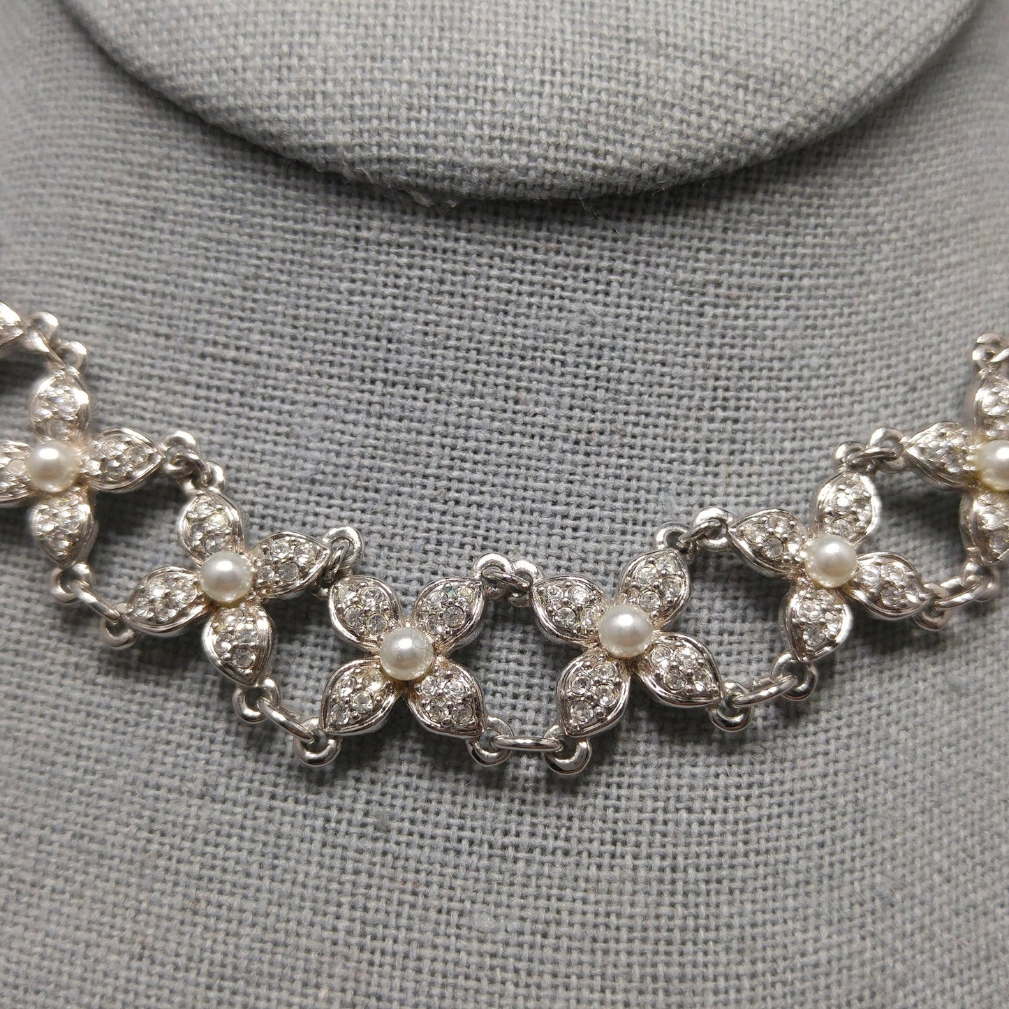 Vintage Swarovski Swan Logo Pearl Rhinestone Floral Choker Necklace 1990s