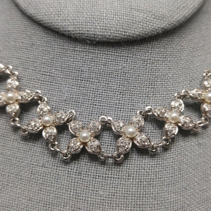 Vintage Swarovski Swan Logo Pearl Rhinestone Floral Choker Necklace 1990s