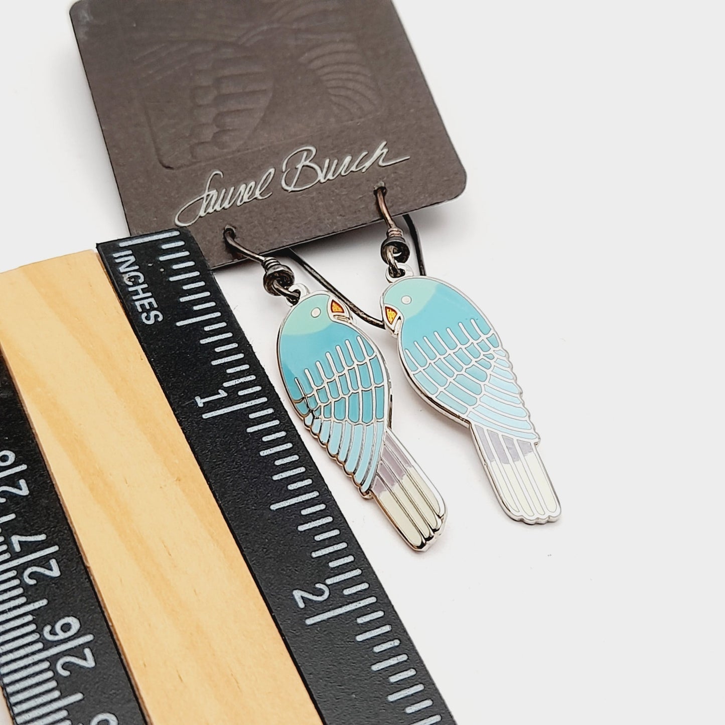 Vintage Laurel Burch Lorikeets Light Blue Enamel Rhodium Plated 1988 Earrings - Silver Plated Earwires - Original Card