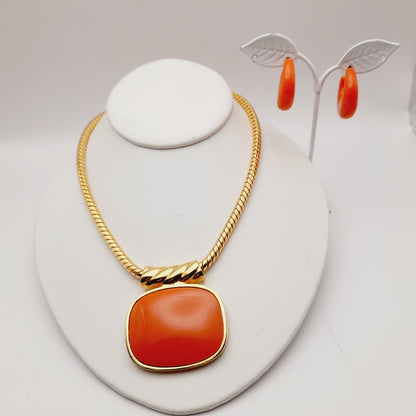 Vintage Joan Rivers Enamel Pendant Necklace & Hoop Earrings Set – Orange Lucite, 1990s Statement Jewelry