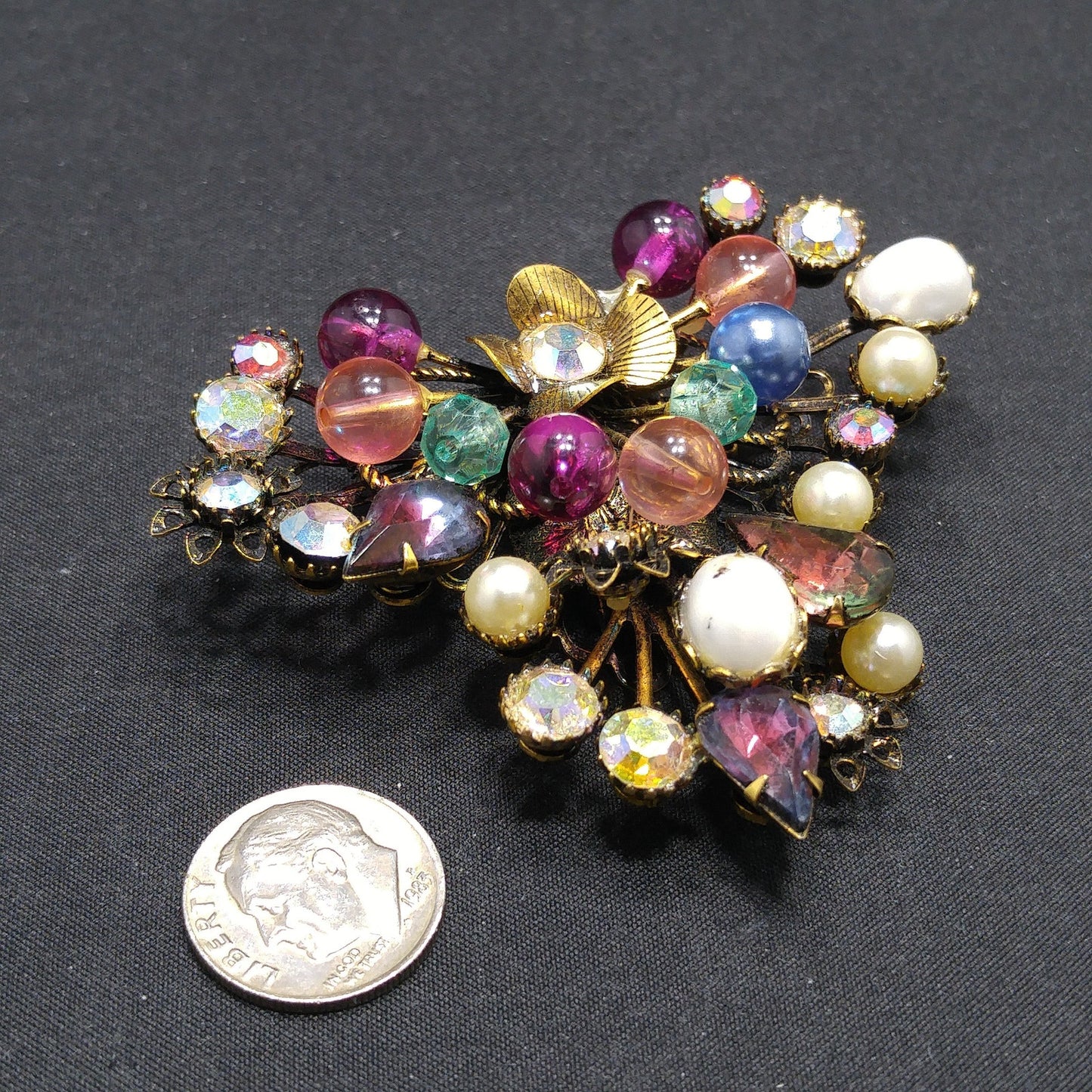 Mid-century Floral Beaded Riveted Brooch, Rhinestones Beads Prongs, 1950s Vintage Jewelry