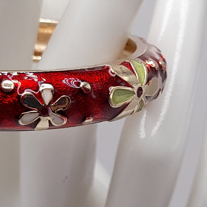 Vintage Jiu Long Xing Cloisonné Bangle Bracelet – Red Enamel Floral Hinged Bracelet – Gold Tone Signed Jewelry 6.25"