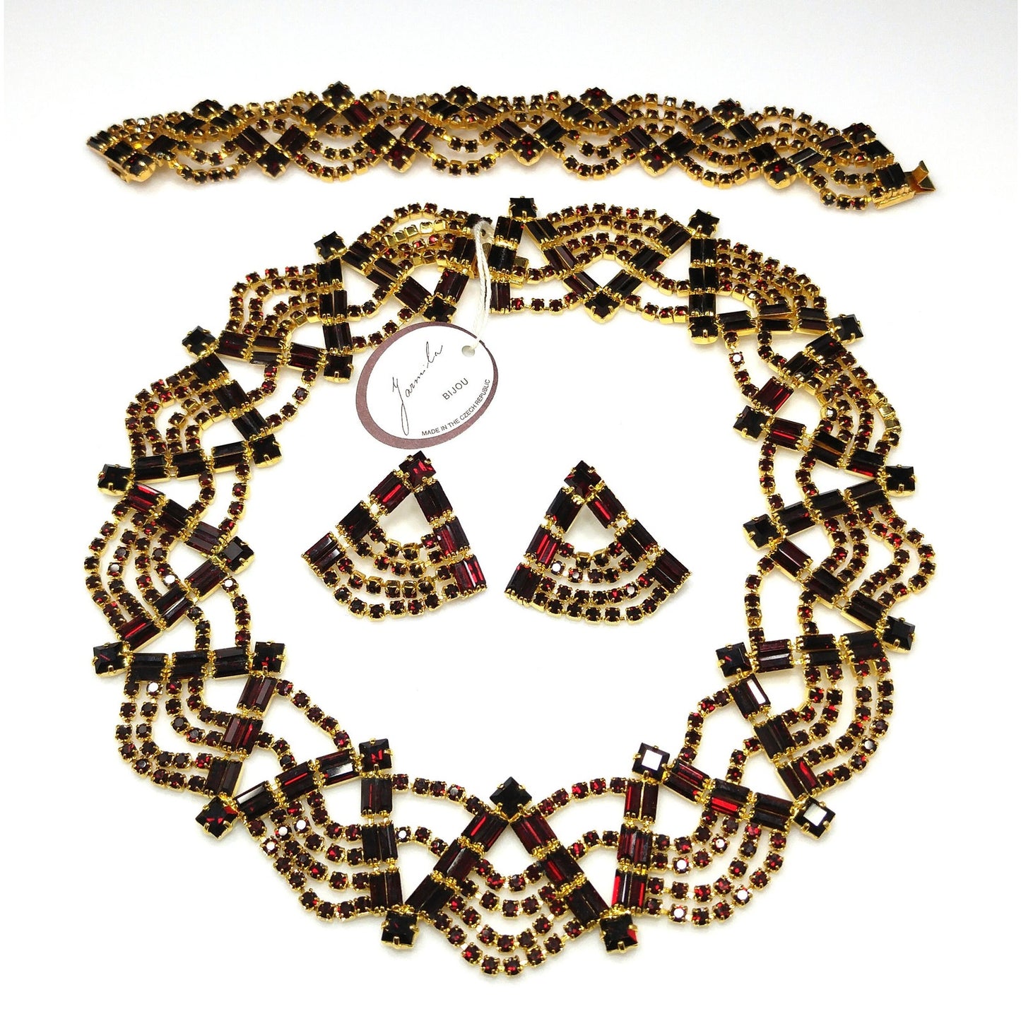 Czech Republic Garnet Red Rhinestone Necklace Bracelet Earrings, Gold Plated, 1990s Vintage Jewelry