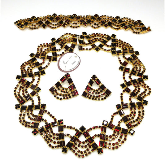 Czech Republic Garnet Red Rhinestone Necklace Bracelet Earrings, Gold Plated, 1990s Vintage Jewelry