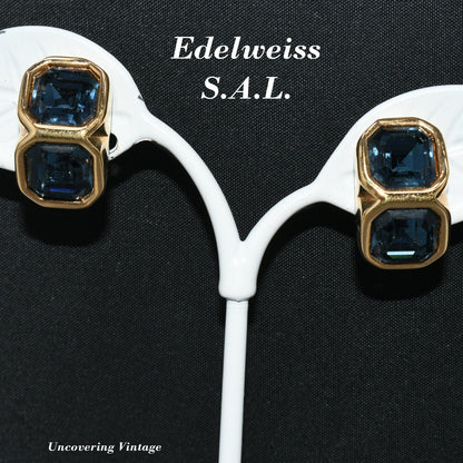 Edelweiss S.A.L. Swarovski Blue Clip Earrings, Gold Plated,  Vintage Jewelry