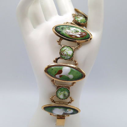 Mid-Century Enamel Book Chain Bracelet, Green Brown White Gold, 1950s Vintage Jewelry
