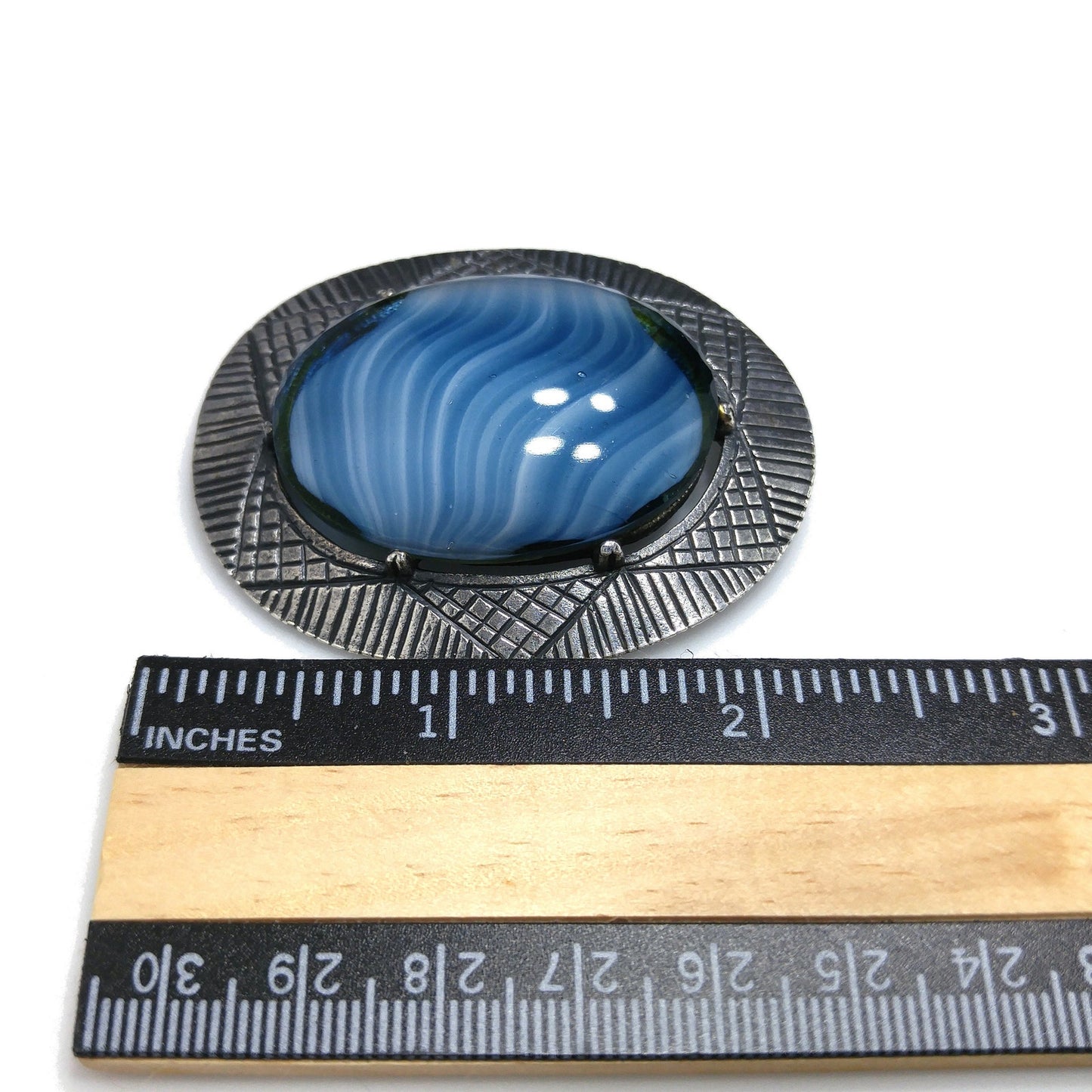 Corocraft Blue Art Glass Brooch, Silver Etched Frame, 1940s Vintage Jewelry