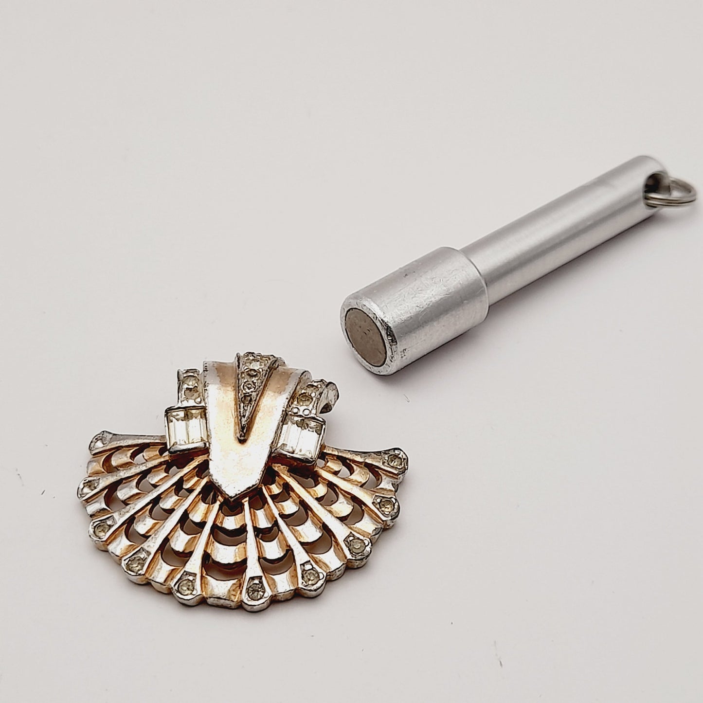 Vintage Marcel Boucher Numbered Fur Clip – Art Deco Fan Design with Rhinestones, Gold & Rhodium Plated Collectible Jewelry