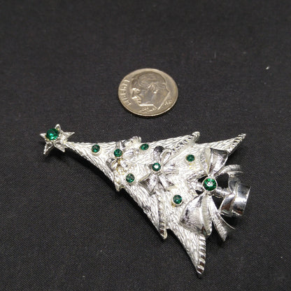 Vintage Christmas Tree Brooch – 1960s Silver Tone Holiday Pin with Emerald Green Rhinestones, 2 1/4 Inch