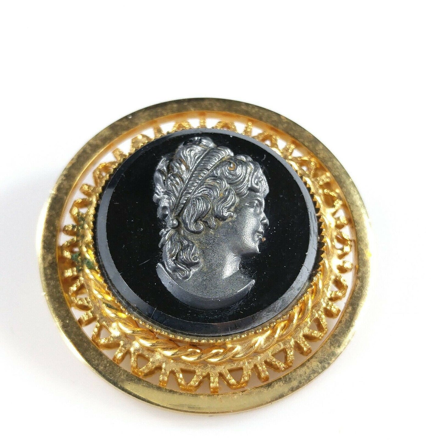 Vintage Cameo Hematite Brooch & Clip Earrings, Filigree Pin Set W Germany Style, 1950s Vintage Jewelry
