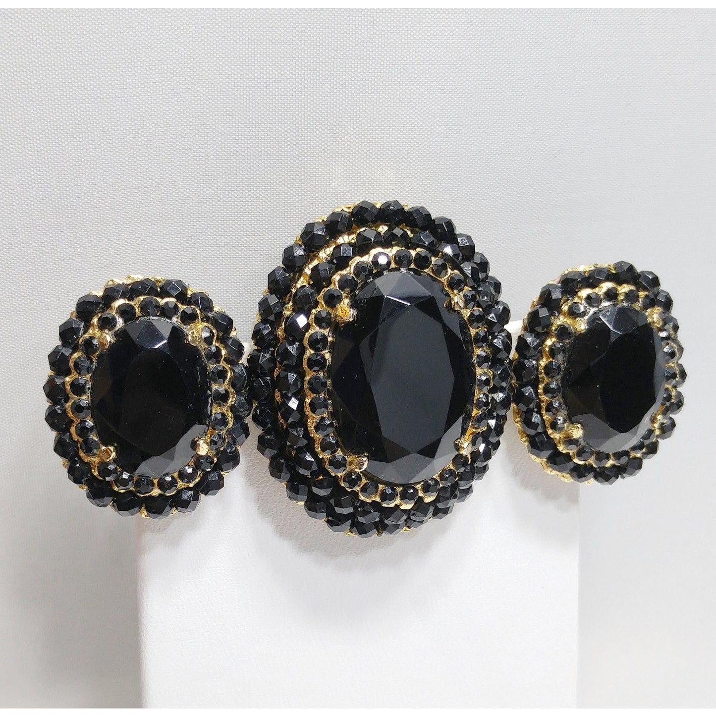 Vendome Black Crystal Brooch & Clip Earrings Set, Gold Plated Vintage Jewelry, Convertible Pendant