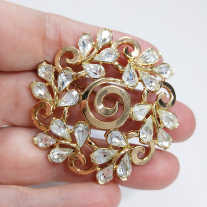 Crown Trifari Floral Brooch, Gold Plated, Clear Rhinestones, 1960s Vintage