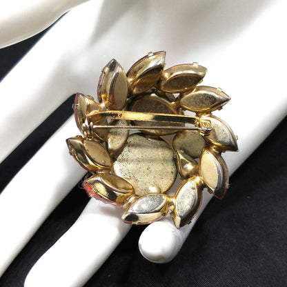 Mid-Century Pink Art Glass Domed Brooch, Czech Glass, Gold Plated, 1950s Vintage Jewelry