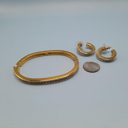 Vintage Swarovski Rhinestone Hinged Bracelet Hoop Post Earrings Set, Gold Plated, Swan Logo