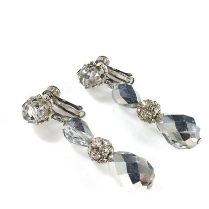 Vendome Silver Crystal Beaded Clip Earrings, Dangle Drop 2", 1960s Vintage Jewelry