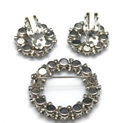 Vintage Weiss Wreath Rhinestone Brooch & Earrings, Light Blue Rhodium Plated