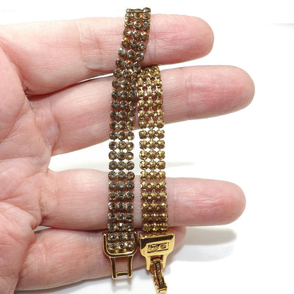 Vintage Swarovski Bracelet 1990s Swan Logo Light Topaz Rhinestone Mesh Gold 7.5"