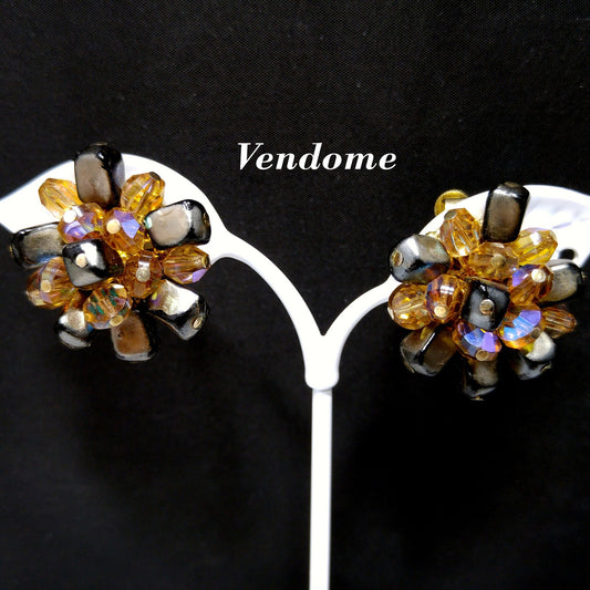 Vendome Beaded Clip Earrings, Brown Iridescent AB Topaz Beads, 1960s Vintage Jewelry