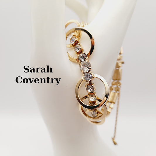 Vintage Sarah Coventry Looped Clear Rhinestone Bracelet – Gold Tone Designer Jewelry