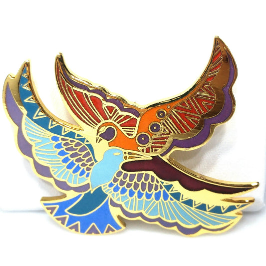 Laurel Burch "Ethereal Birds" Brooch, Cloisonné and Enamel, Gold Plated, 1980s Vintage Jewelry