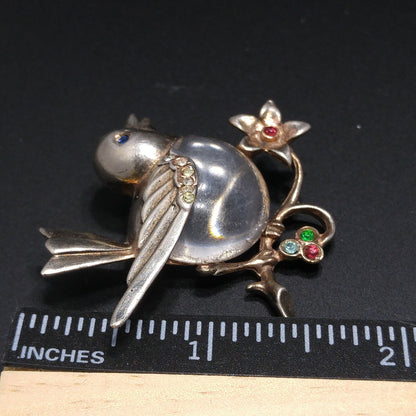 Sterling Silver Clear Lucite Bird Brooch, Jelly Belly Pin, 1940s Vintage Jewelry