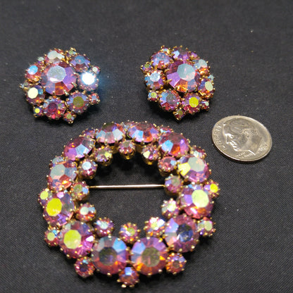 Kramer Pink Brooch Clip Earrings, Aurora Borealis, 1960s Vintage Jewelry