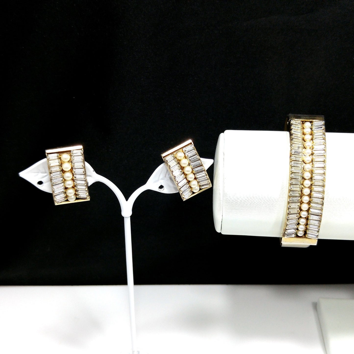 Vintage Leru Baguette Rhinestone & Pearl Cuff Bracelet & Clip Earrings Set 1950s