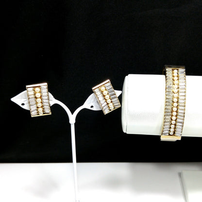 Vintage Leru Baguette Rhinestone & Pearl Cuff Bracelet & Clip Earrings Set 1950s