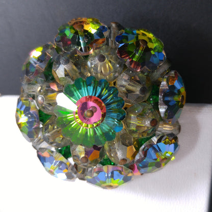 Margarita Rhinestone Round Brooch, Green Pink Blue Floral Crystals, 1960s Vintage Jewelry