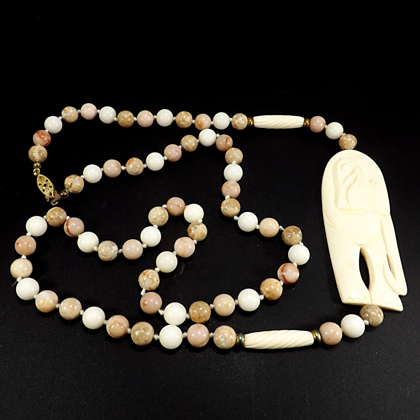 1950s Elephant Pendant Gemstone Beaded Necklace Hand Knotted 32” Vintage Jewelry