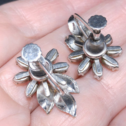 Krementz Silver Tone Clear Rhinestone Brooch, Rhodium Plated, Screw Back Earrings, 1940s