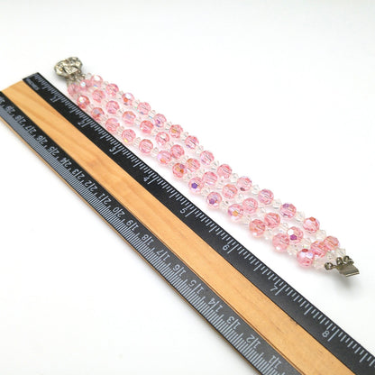 Pink Crystal Beaded Bracelet, Three Strands, Rhinestone Clasp, 1950s Vintage Jewelry
