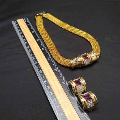 Purple Clear Rhinestone Necklace & Earrings, Gold Plated, 1980s Vintage Jewelry