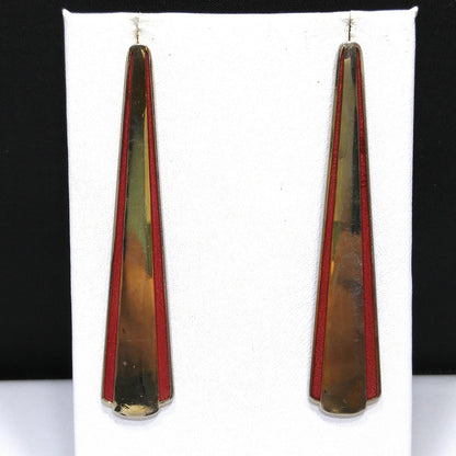 Vintage Laurel Burch Long Post Earrings, Gold Plated, Red Enamel