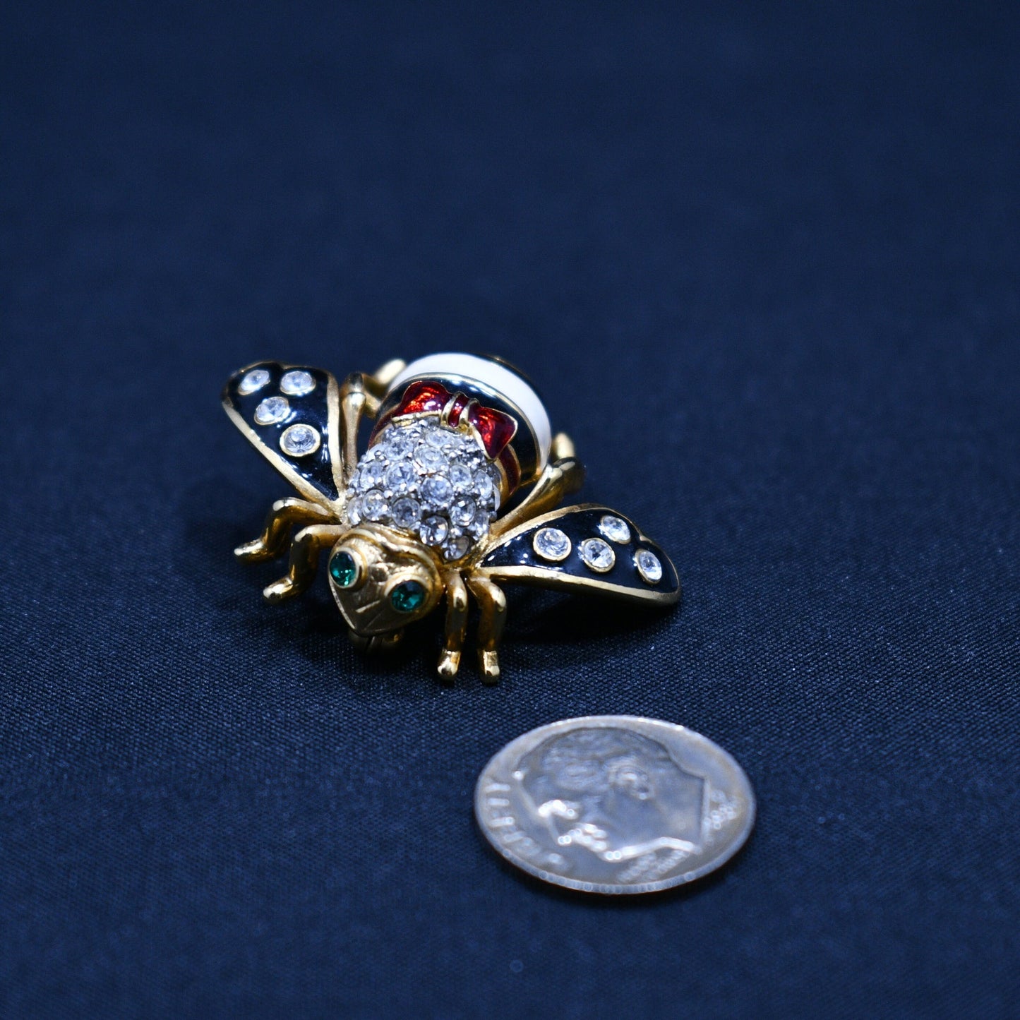 Vintage Joan Rivers Bee Brooch, Gold Plated, Enamel Red White Black, 1990s