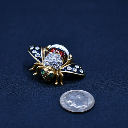 Vintage Joan Rivers Bee Brooch, Gold Plated, Enamel Red White Black, 1990s