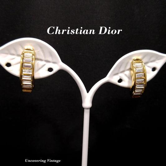 Vintage Christian Dior Half Hoop Baguette Rhinestone Clip Earrings