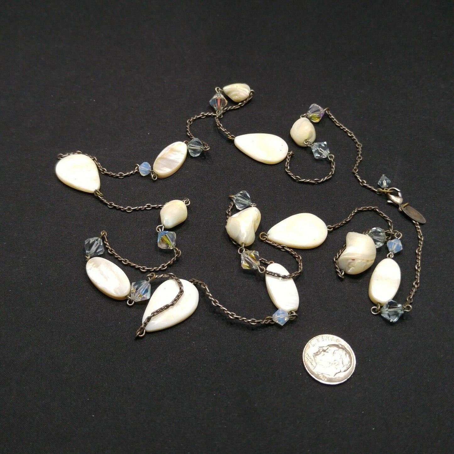 Liz Palacios S.F. White Shell & Crystal Long Necklace, 42 Inch Layering Necklace, Vintage Jewelry