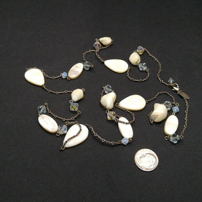 Liz Palacios S.F. White Shell & Crystal Long Necklace, 42 Inch Layering Necklace, Vintage Jewelry