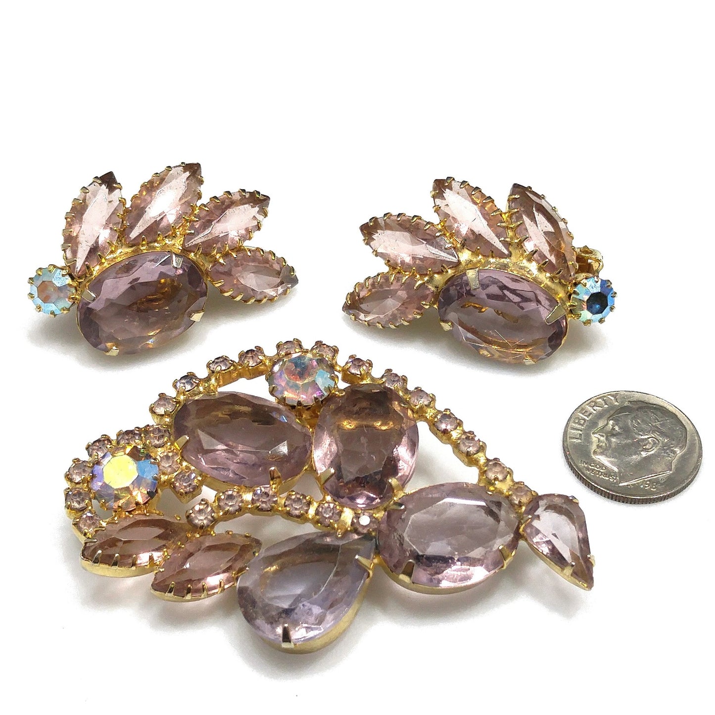 Lavender Rhinestone Brooch & Earrings, Aurora Borealis, 1960s Vintage Jewelry