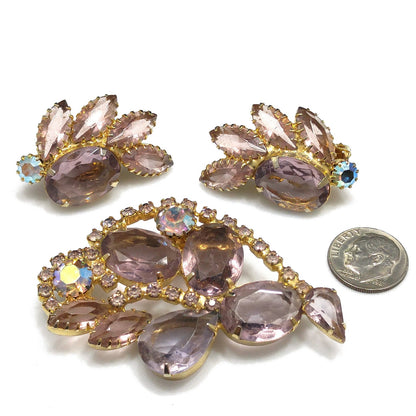 Lavender Rhinestone Brooch & Earrings, Aurora Borealis, 1960s Vintage Jewelry