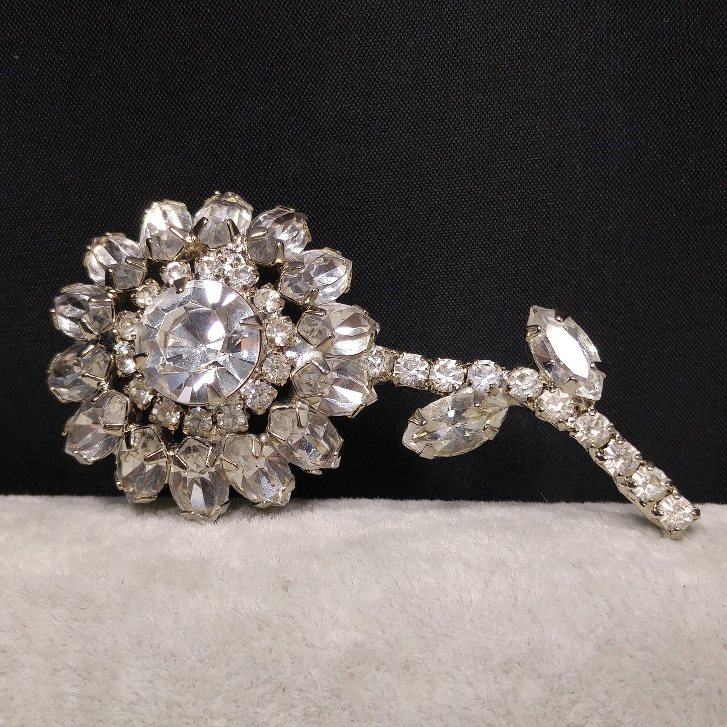 Clear Rhinestone Flower Brooch, Rhodium Plated, 1960s Vintage Jewelry