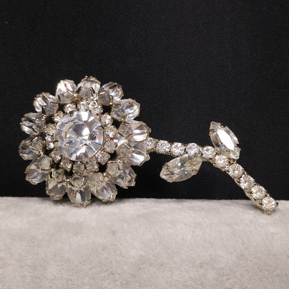 Clear Rhinestone Flower Brooch, Rhodium Plated, 1960s Vintage Jewelry