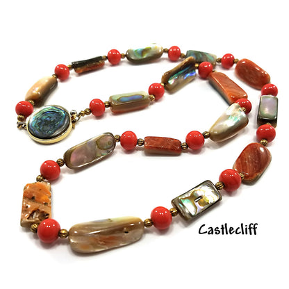 Castlecliff Abalone Beaded Necklace, Orange Glass Beads, Gold Plated Abalone Clasp, 1960s Vintage Jewelry