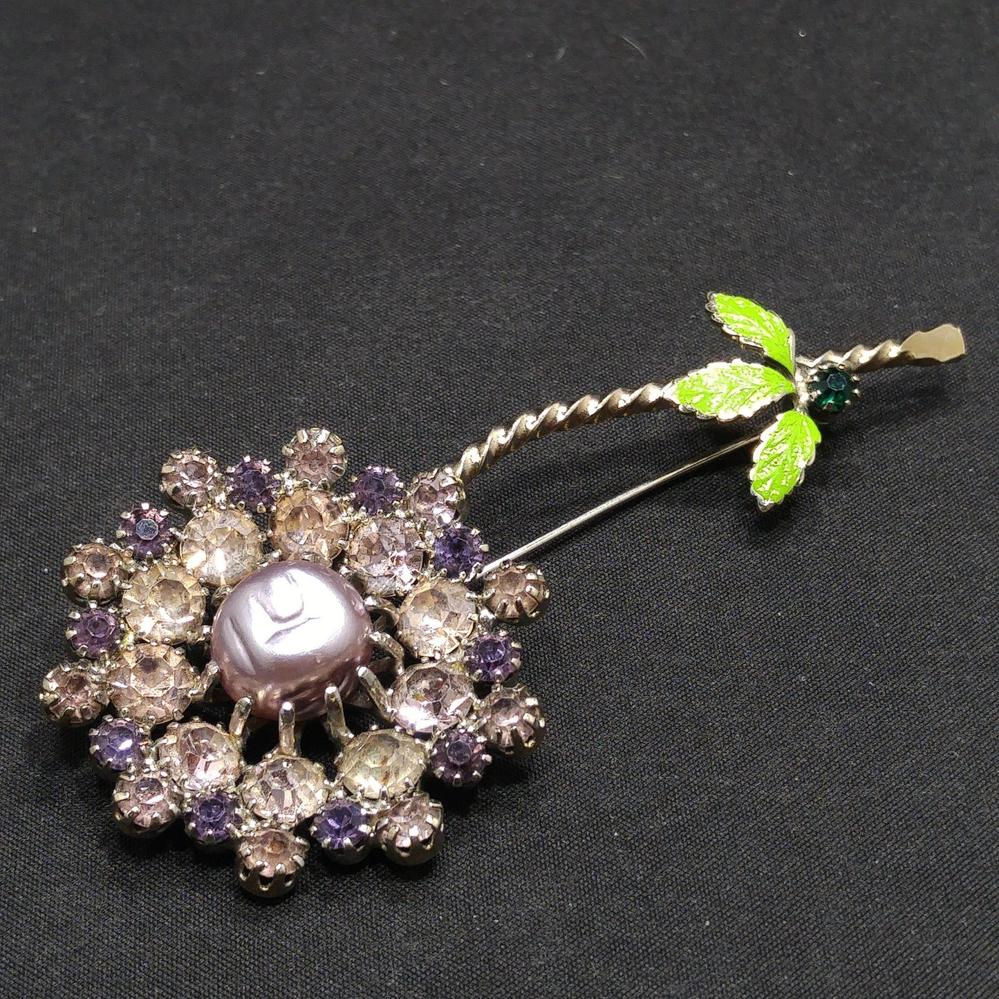Lilac Purple Rhinestone Flower, Faux Baroque Pearl, Green Enamel Pin, 1950 Vintage Jewelry