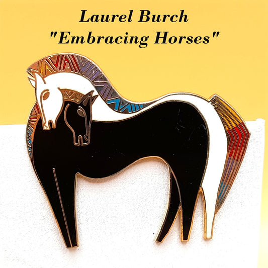 Laurel Burch "Embracing Horses" Brooch, Gold Plated, Black White Horse, 1980s Vintage Jewelry