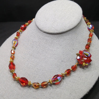 Red Aurora Borealis Beaded Necklace, Beaded Clasp, 1960s Vintage Jewelry