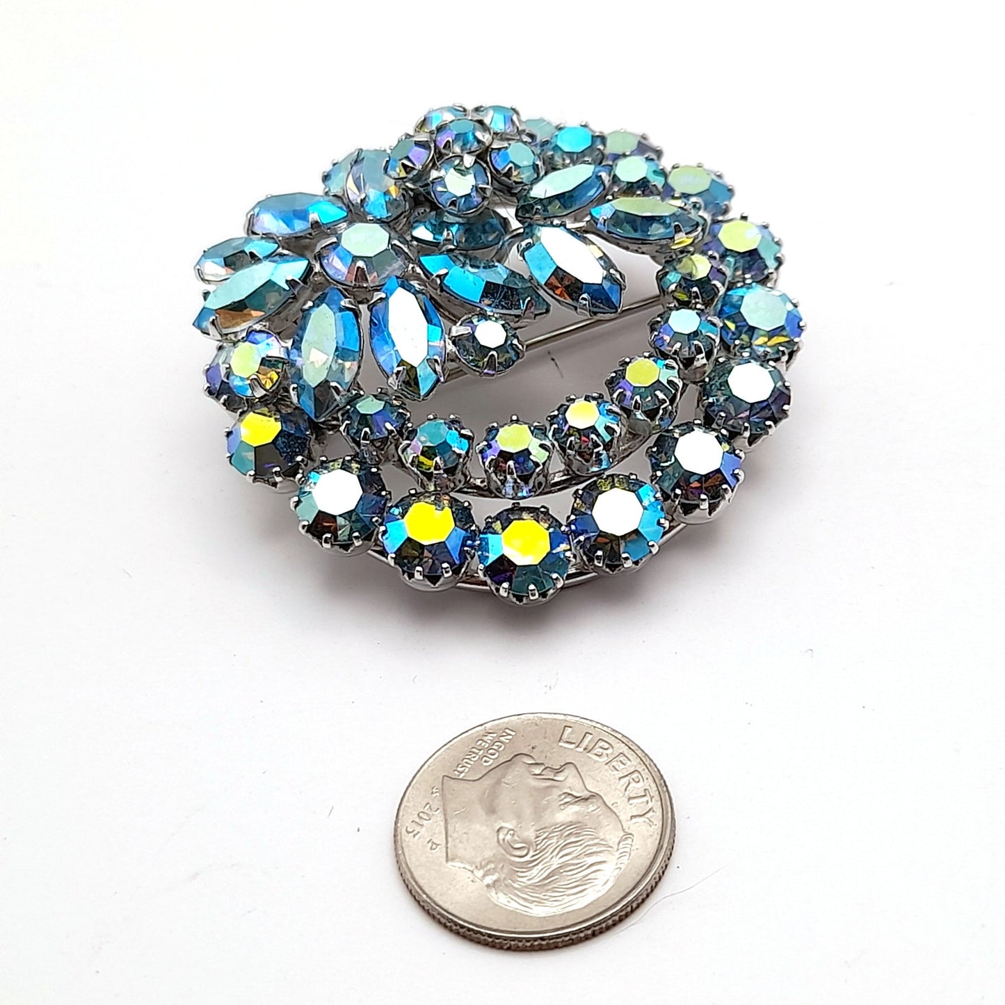 Vintage Sherman Blue Aurora Borealis Rhinestone Brooch